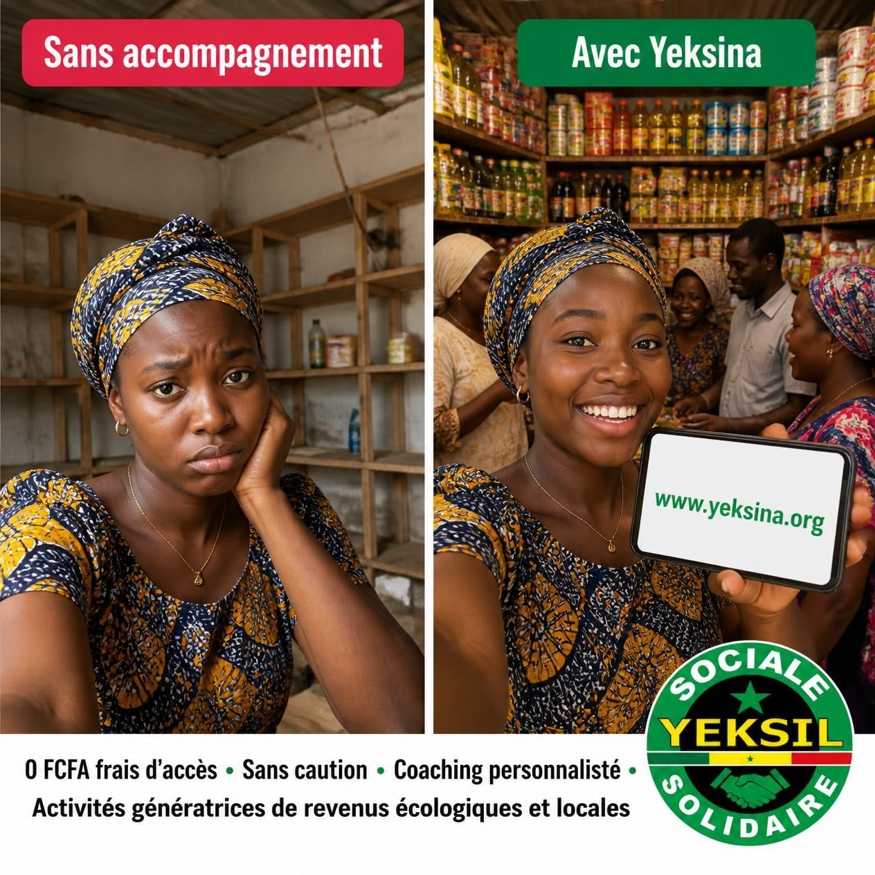Visuel de campagne comparant « Sans accompagnement » — une commerçante seule devant des étagères vides — et « Avec Yeksina » — la même commerçante souriante dans une boutique achalandée, présentant le site www.yeksina.org.